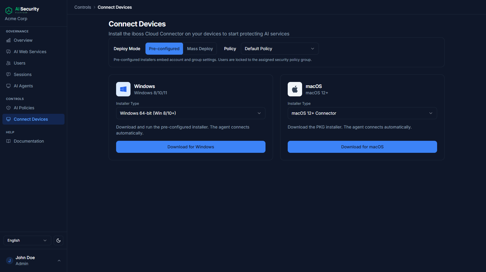 Connect Devices page showing pre-configured Windows and macOS installers